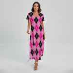 Black And Pink Argyle Pattern Print Short Sleeve Maxi Dress