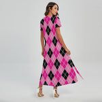 Black And Pink Argyle Pattern Print Short Sleeve Maxi Dress