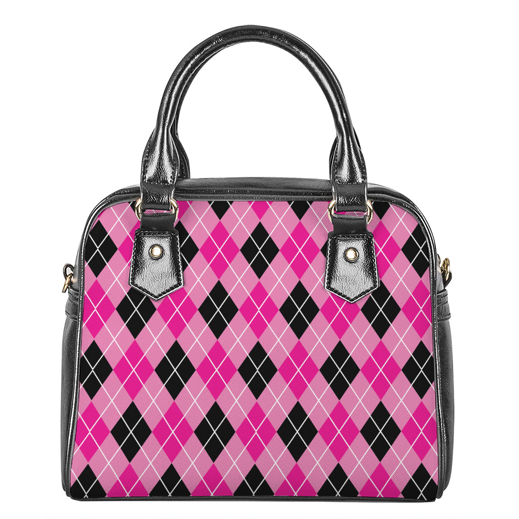 Black And Pink Argyle Pattern Print Shoulder Handbag