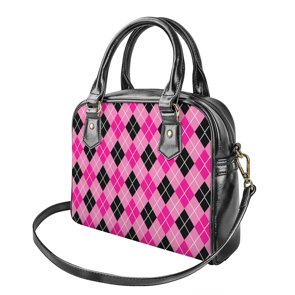 Black And Pink Argyle Pattern Print Shoulder Handbag