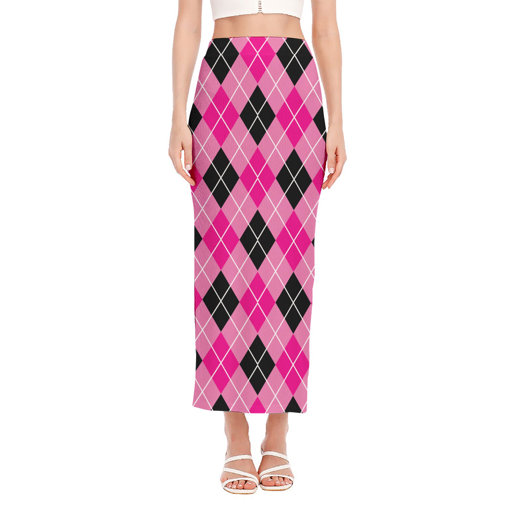 Black And Pink Argyle Pattern Print Side Slit Maxi Skirt