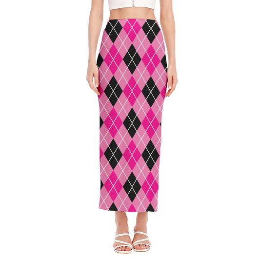 Black And Pink Argyle Pattern Print Side Slit Maxi Skirt