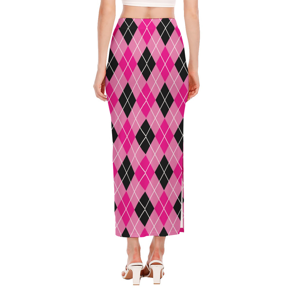 Black And Pink Argyle Pattern Print Side Slit Maxi Skirt