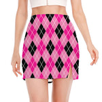 Black And Pink Argyle Pattern Print Side Slit Mini Skirt