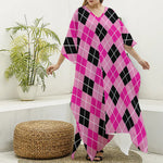 Black And Pink Argyle Pattern Print Silk V-Neck Kaftan Dress