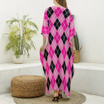 Black And Pink Argyle Pattern Print Silk V-Neck Kaftan Dress