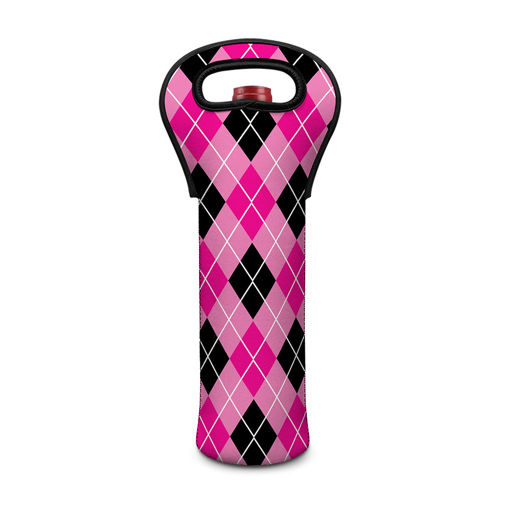 Black And Pink Argyle Pattern Print Single Neoprene Wine Tote