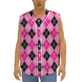 Black And Pink Argyle Pattern Print Sleeveless Baseball Jersey