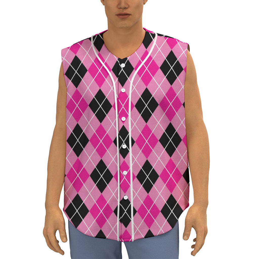 Black And Pink Argyle Pattern Print Sleeveless Baseball Jersey