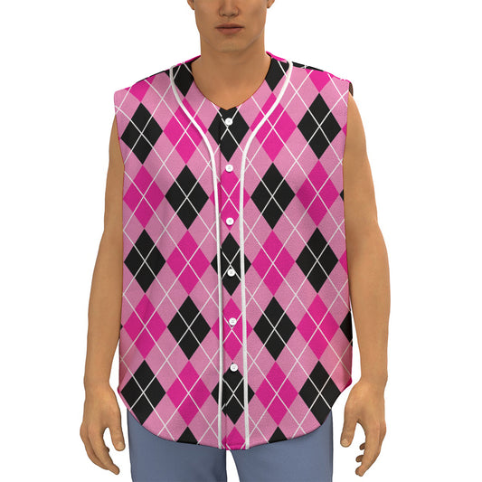 Black And Pink Argyle Pattern Print Sleeveless Baseball Jersey
