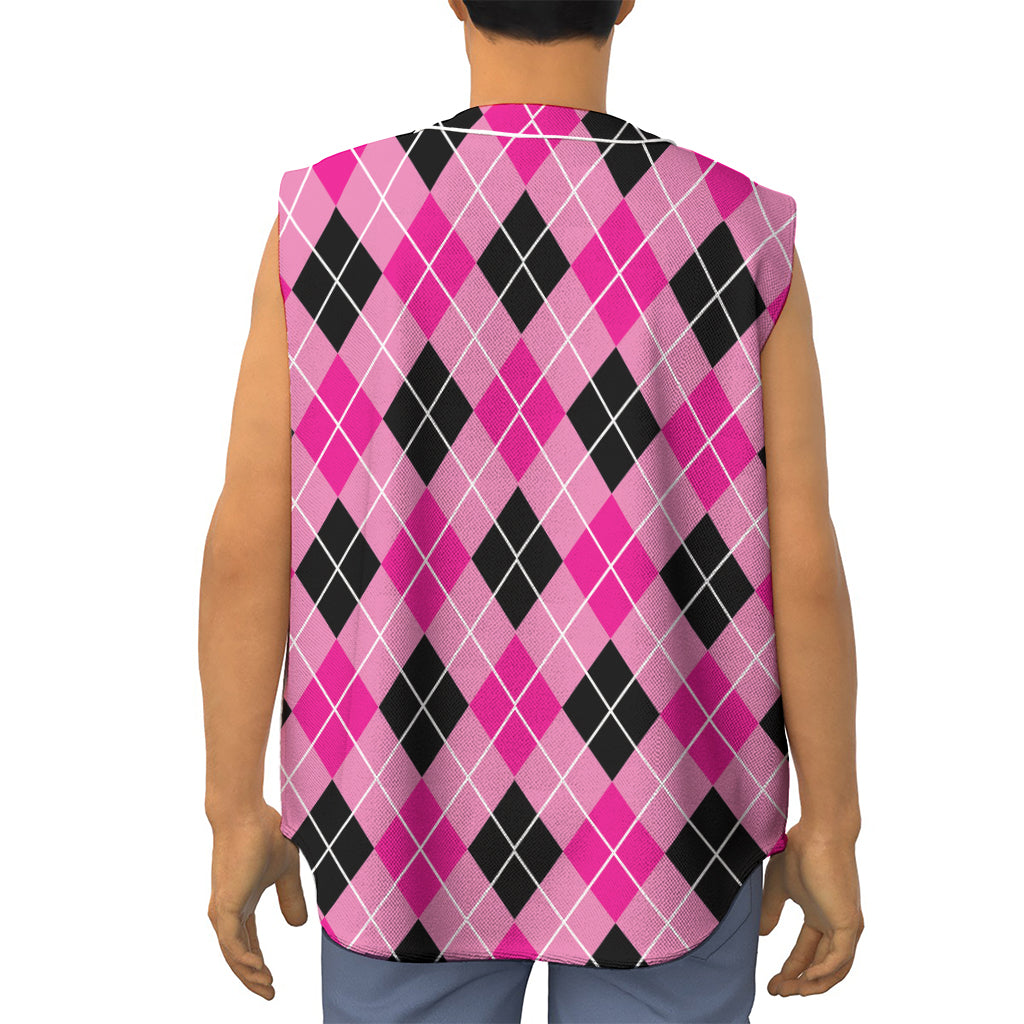 Black And Pink Argyle Pattern Print Sleeveless Baseball Jersey