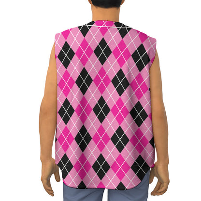 Black And Pink Argyle Pattern Print Sleeveless Baseball Jersey