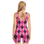 Black And Pink Argyle Pattern Print Sleeveless One Piece Swimsuit