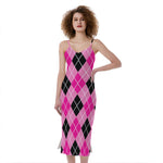 Black And Pink Argyle Pattern Print Slim Fit Midi Cami Dress