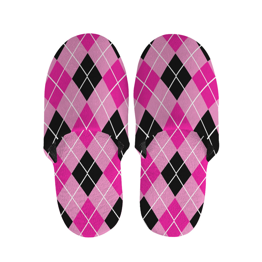 Black And Pink Argyle Pattern Print Slippers