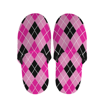 Black And Pink Argyle Pattern Print Slippers