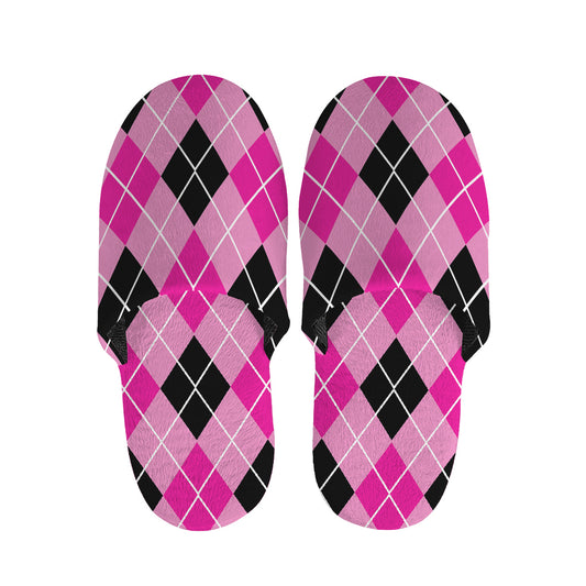 Black And Pink Argyle Pattern Print Slippers