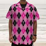 Black And Pink Argyle Pattern Print Textured Short Sleeve Shirt