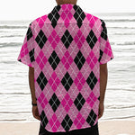 Black And Pink Argyle Pattern Print Textured Short Sleeve Shirt