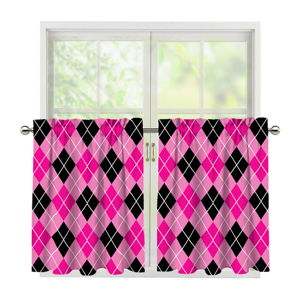 Black And Pink Argyle Pattern Print Tier Curtains