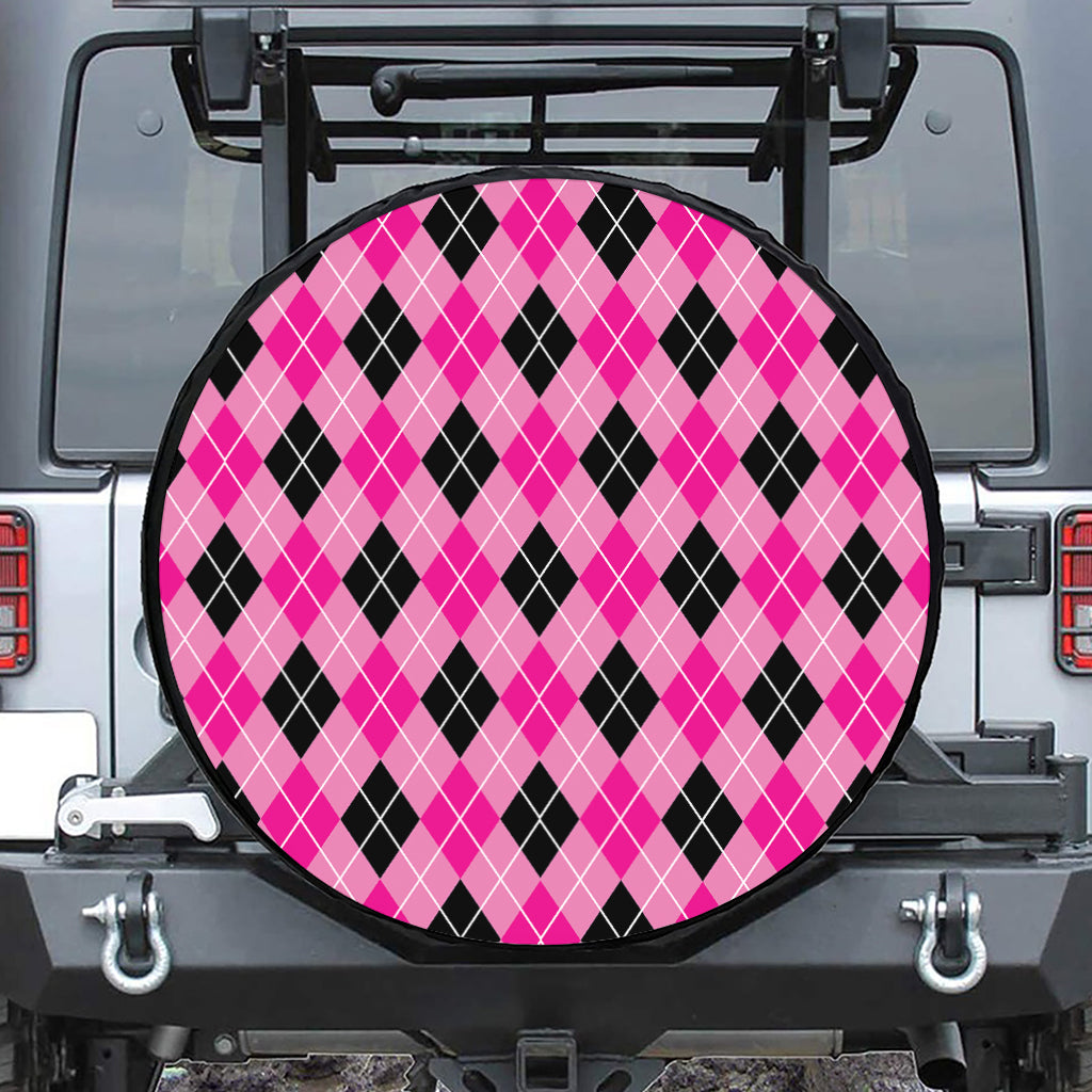 Black And Pink Argyle Pattern Print Tire Cover