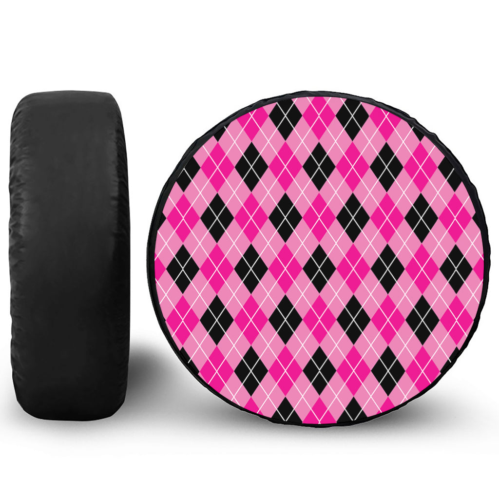 Black And Pink Argyle Pattern Print Tire Cover