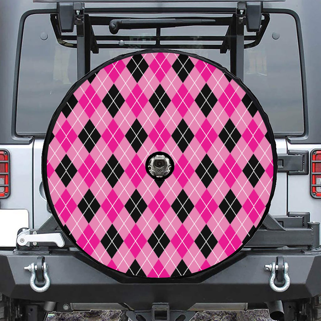 Black And Pink Argyle Pattern Print Tire Cover With Camera Hole