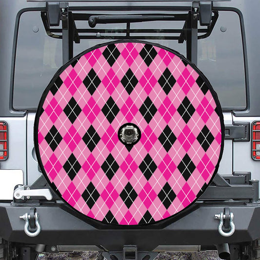 Black And Pink Argyle Pattern Print Tire Cover With Camera Hole