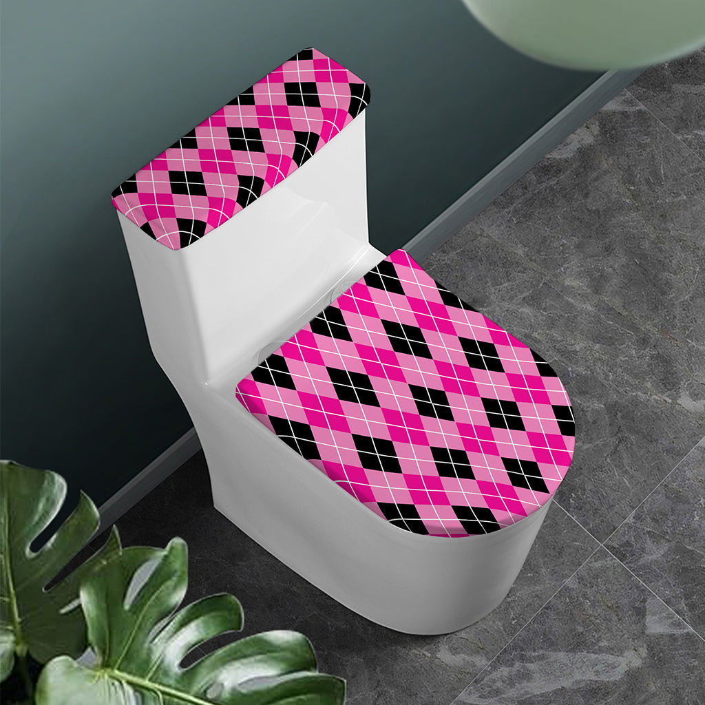 Black And Pink Argyle Pattern Print Toilet Lid And Tank Cover Set