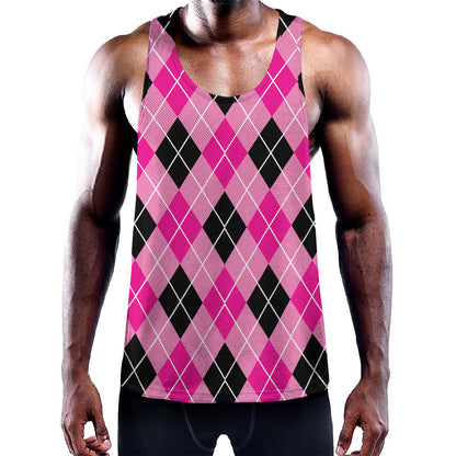 Black And Pink Argyle Pattern Print Training Tank Top
