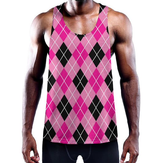 Black And Pink Argyle Pattern Print Training Tank Top