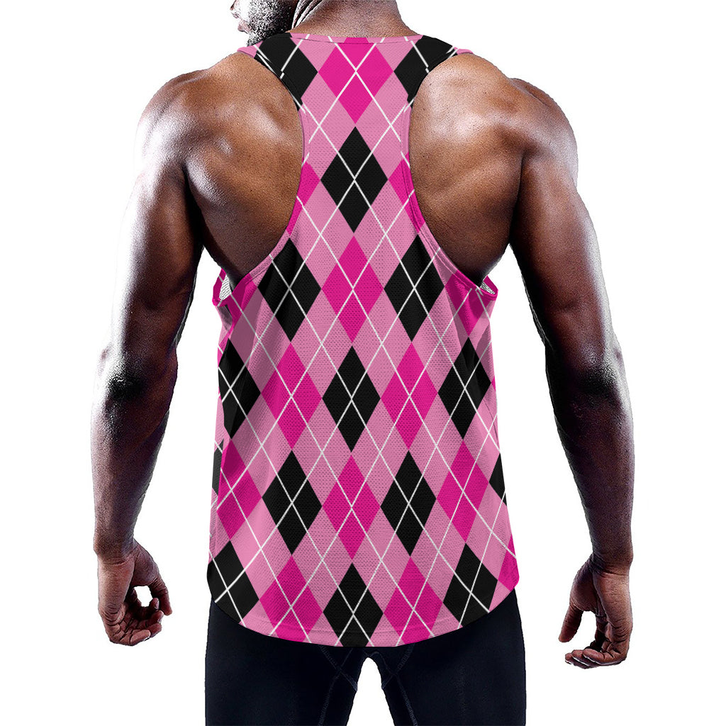Black And Pink Argyle Pattern Print Training Tank Top
