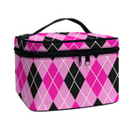 Black And Pink Argyle Pattern Print Travel Makeup Bag