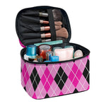 Black And Pink Argyle Pattern Print Travel Makeup Bag