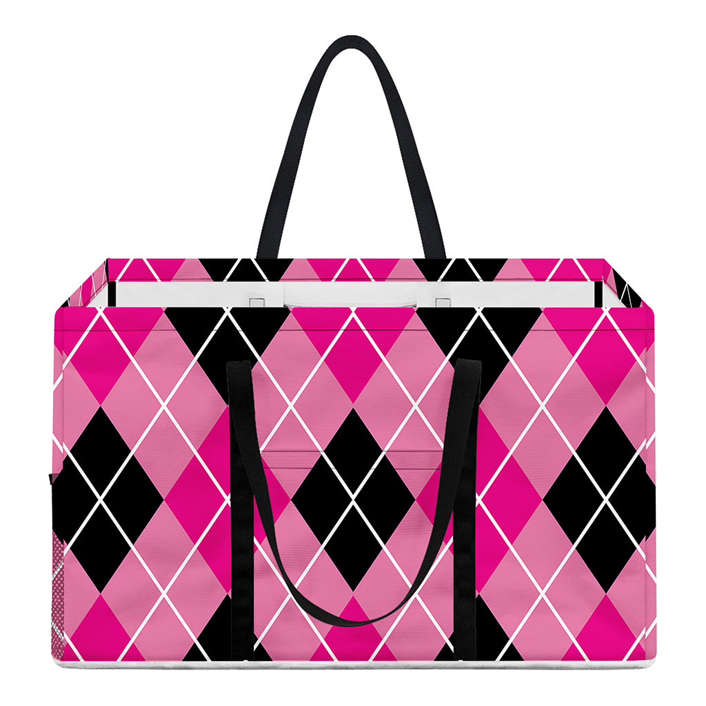 Black And Pink Argyle Pattern Print Utility Tote Bag
