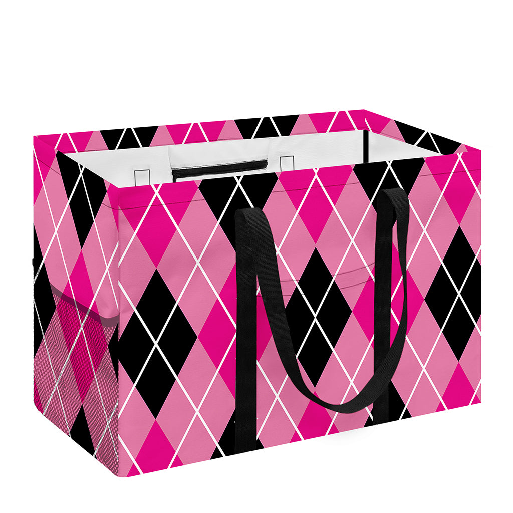 Black And Pink Argyle Pattern Print Utility Tote Bag