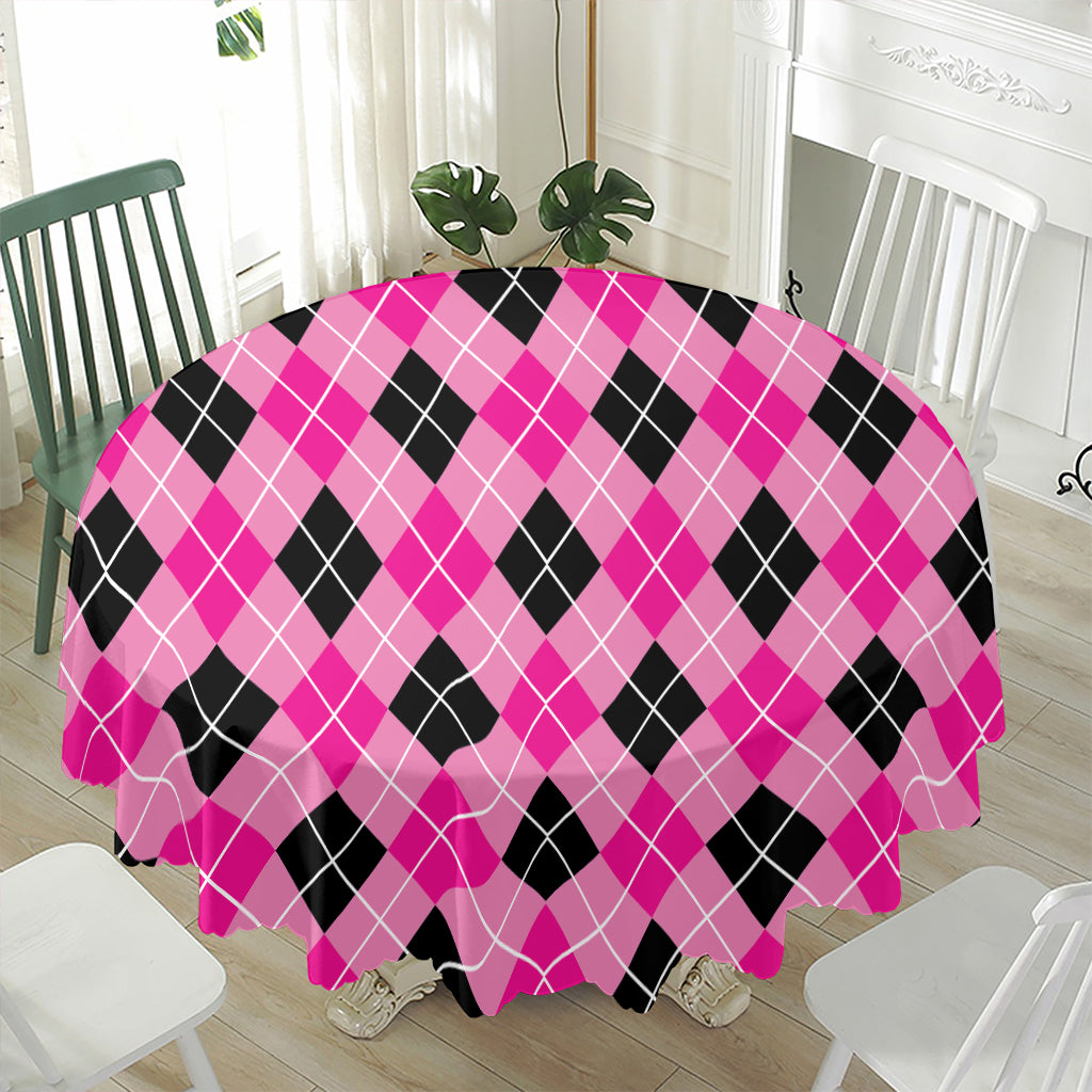 Black And Pink Argyle Pattern Print Waterproof Round Tablecloth