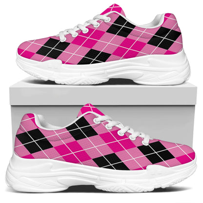 Black And Pink Argyle Pattern Print White Chunky Shoes