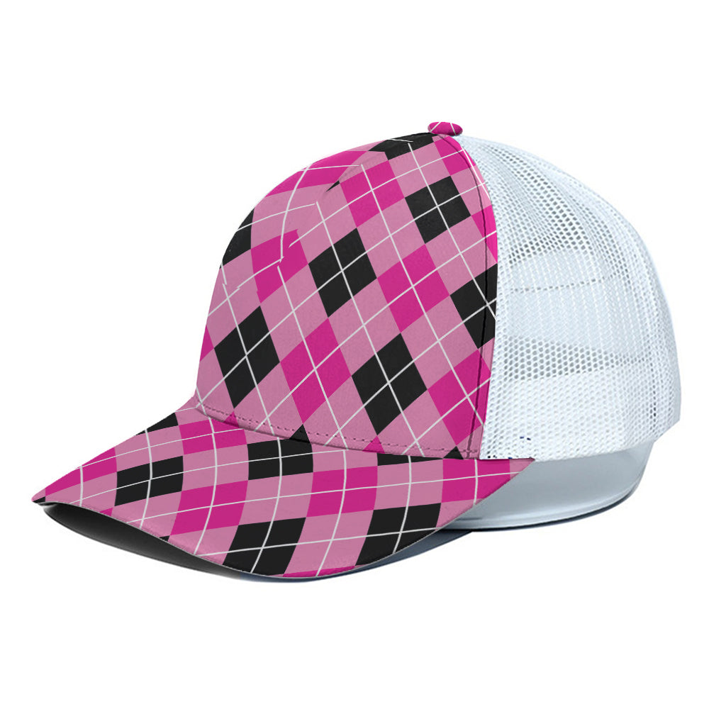 Black And Pink Argyle Pattern Print White Mesh Trucker Cap