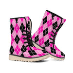 Black And Pink Argyle Pattern Print Winter Boots