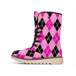 Black And Pink Argyle Pattern Print Winter Boots