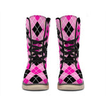 Black And Pink Argyle Pattern Print Winter Boots