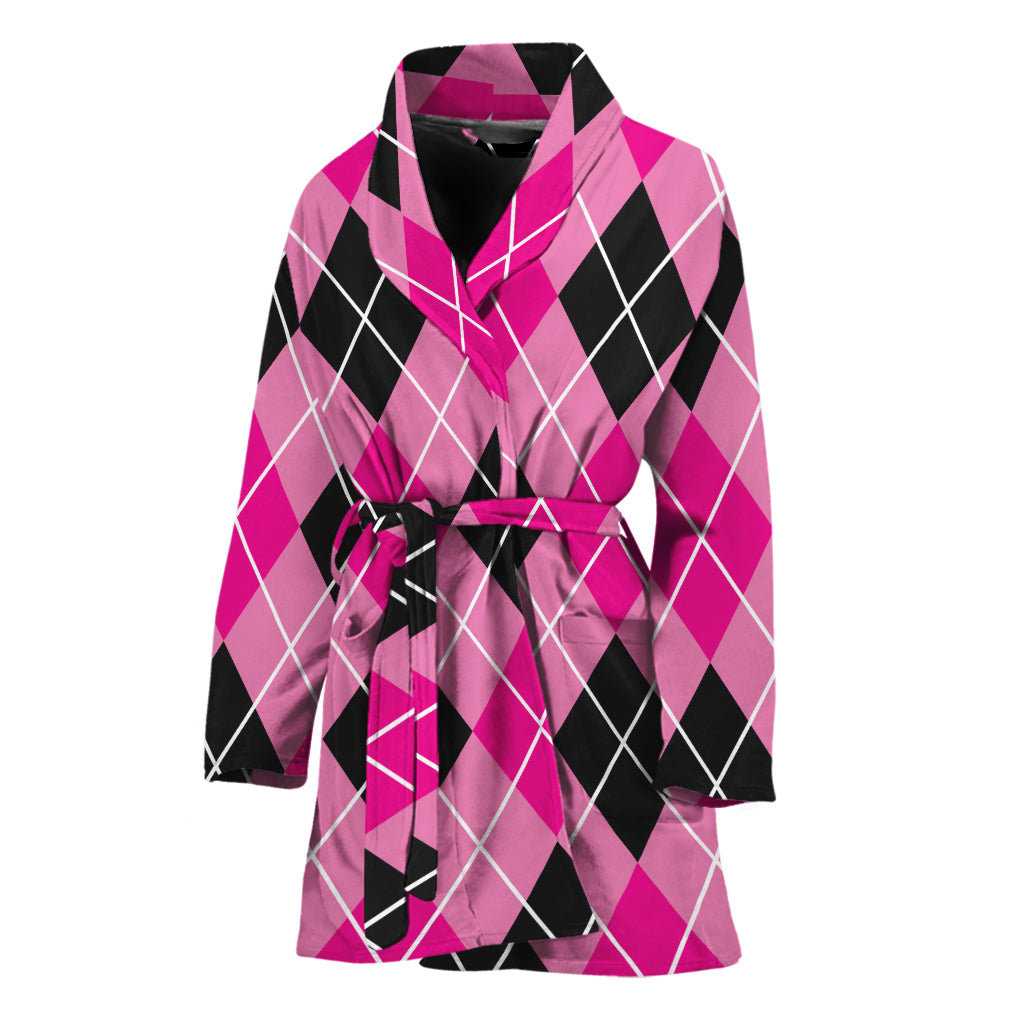 Black And Pink Argyle Pattern Print Women's Bathrobe