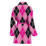 Black And Pink Argyle Pattern Print Women's Bathrobe