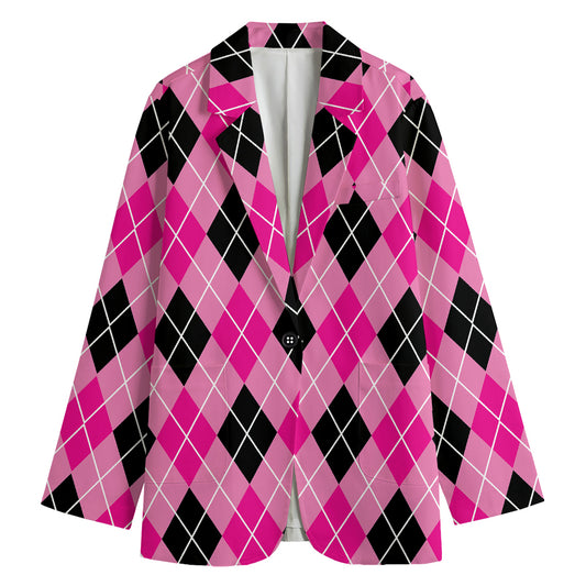 Black And Pink Argyle Pattern Print Women's Blazer