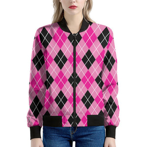 Black And Pink Argyle Pattern Print Women's Bomber Jacket