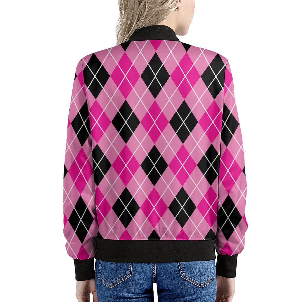 Black And Pink Argyle Pattern Print Women's Bomber Jacket