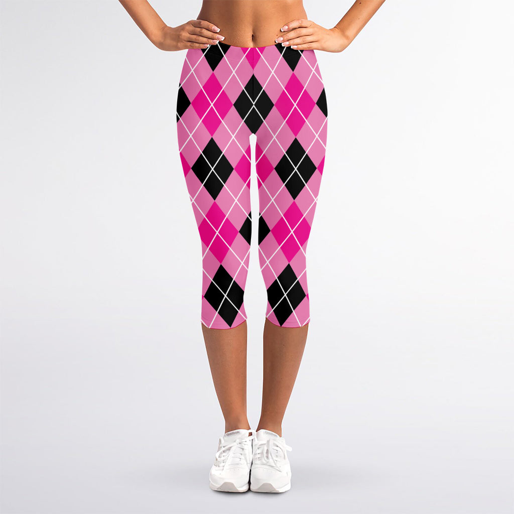 Black And Pink Argyle Pattern Print Women's Capri Leggings