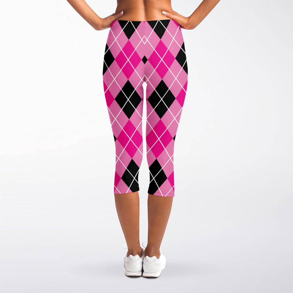 Black And Pink Argyle Pattern Print Women's Capri Leggings