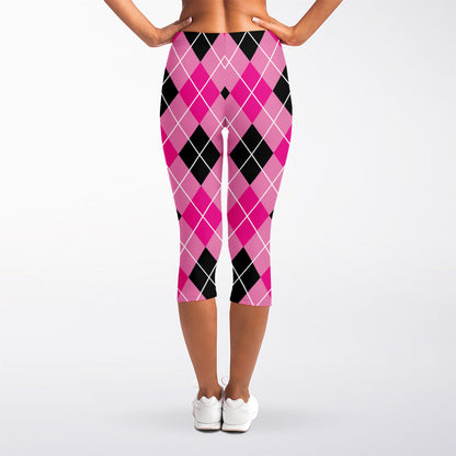 Black And Pink Argyle Pattern Print Women's Capri Leggings
